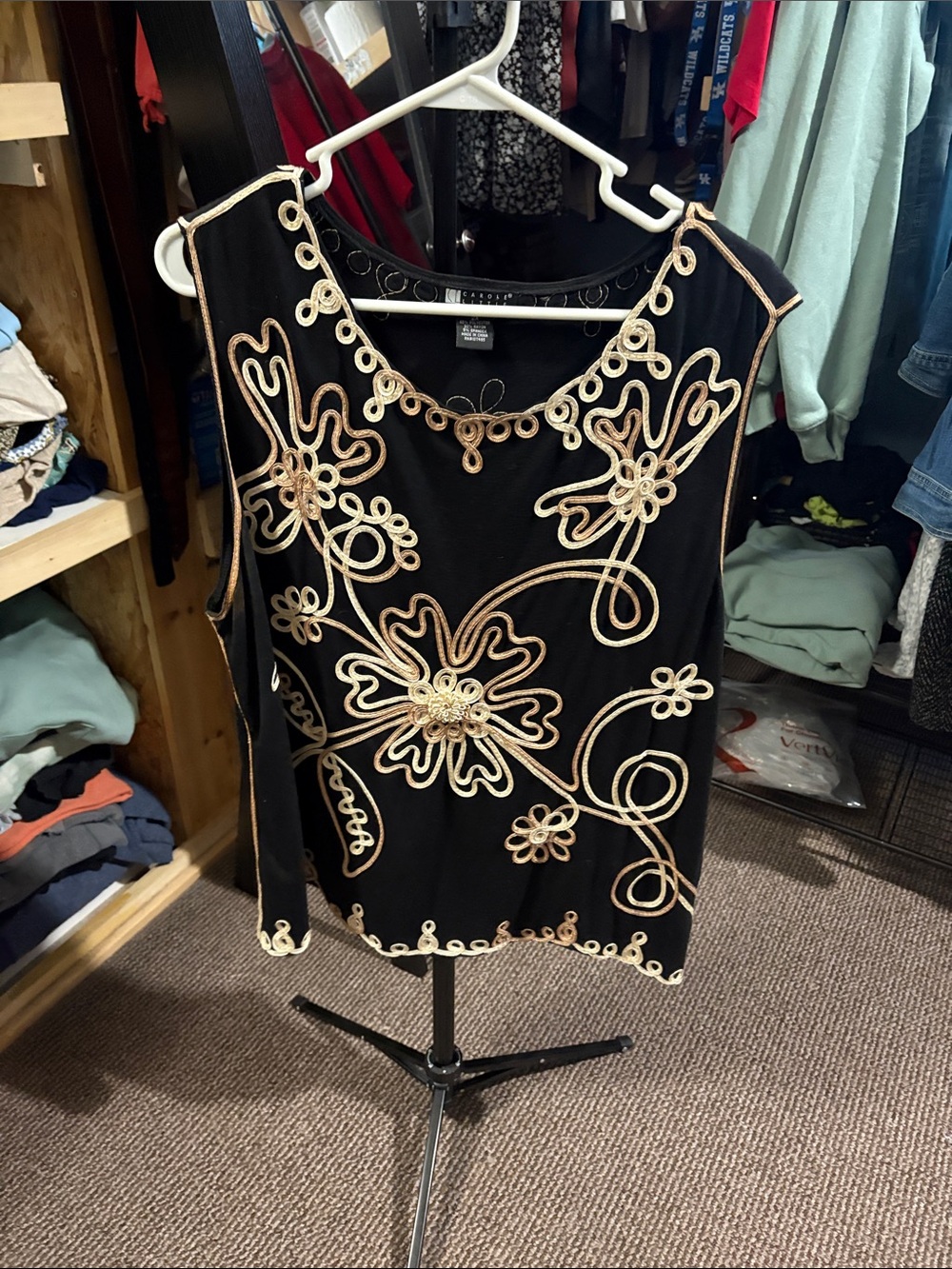 Carole Little Black Tank with Gold Scroll Embroidery